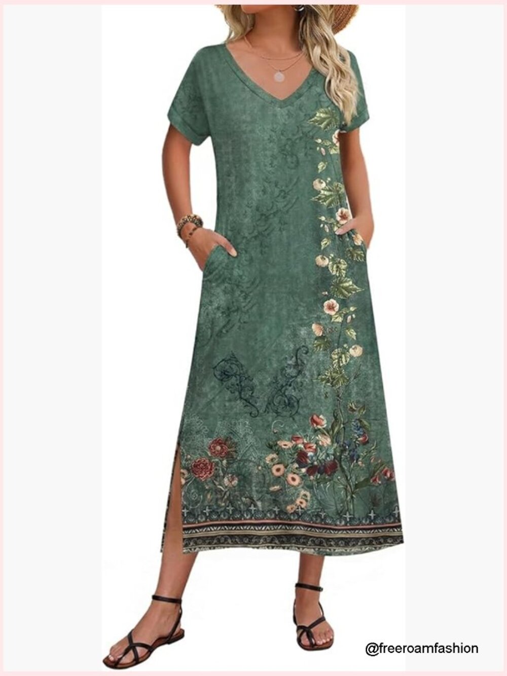 Flowy Maxi Dress with Pockets V-Neck Split T-Shirt Casual Beach